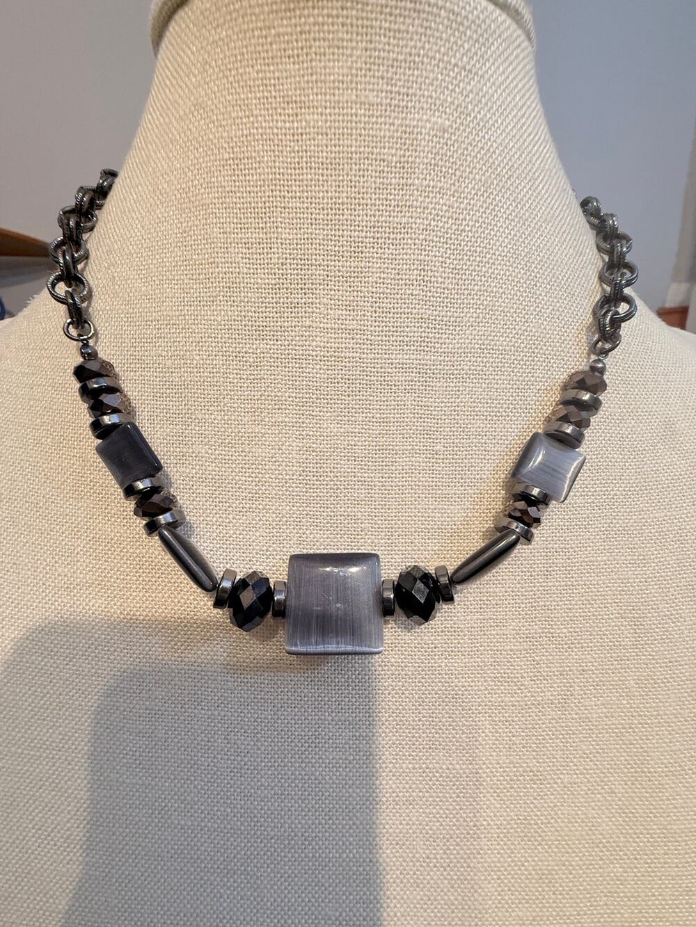 Vintage Gray Glass & Hematite Statement Necklace 16”